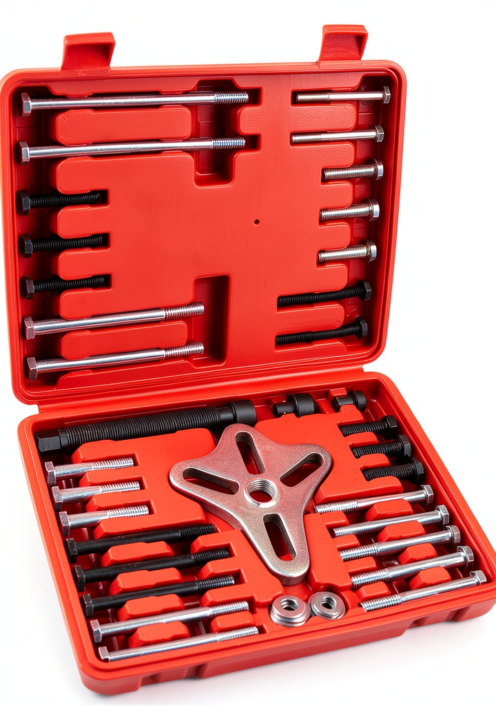 Installing Syizyen Steering Wheel Puller Tool Kit on a wooden bench