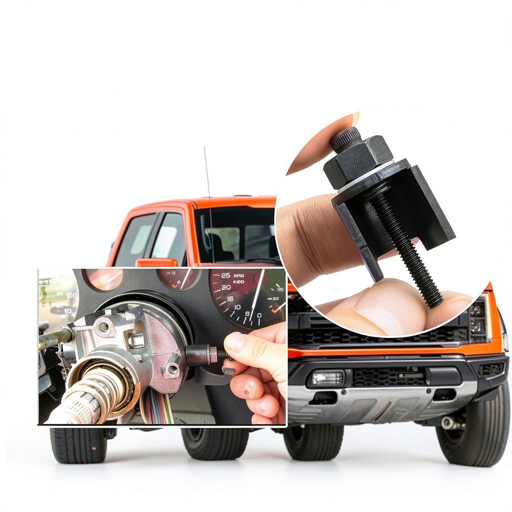 Wwamddy Steering Wheel Puller being used on a 1975 Ford steering column in a garage