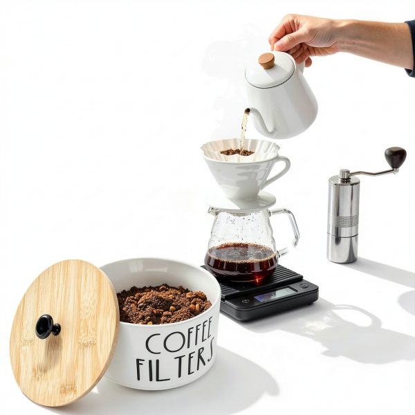 Coffee Filter Holder white large container with Bamboo Lid Acshio-4