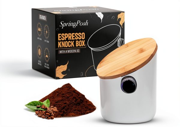Knock Box SpringPosh Espresso Maple Lid 5.3" Opening Champagne White-0