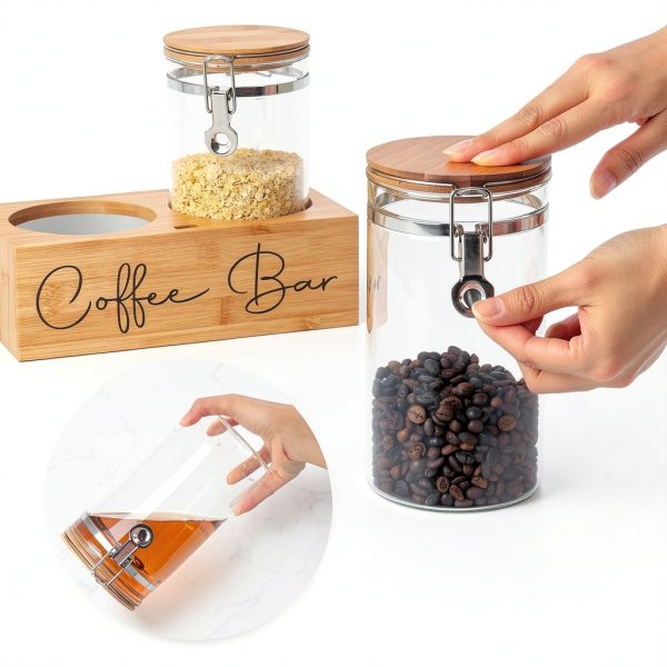 Glass Coffee Canister Set with Bamboo Shelf and Spoon – LYHLYA 2x47oz-4
