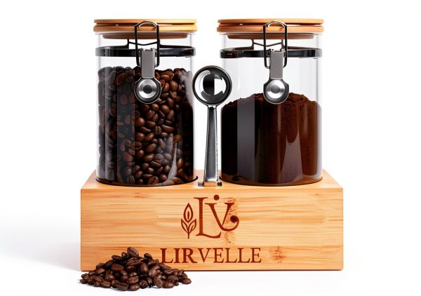 Airtight Coffee Canister Lirvelle 9-Piece Set with Bamboo Base, Scoop-0