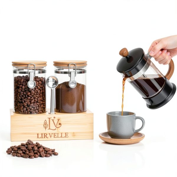 Airtight Coffee Canister Lirvelle 9-Piece Set with Bamboo Base, Scoop-1