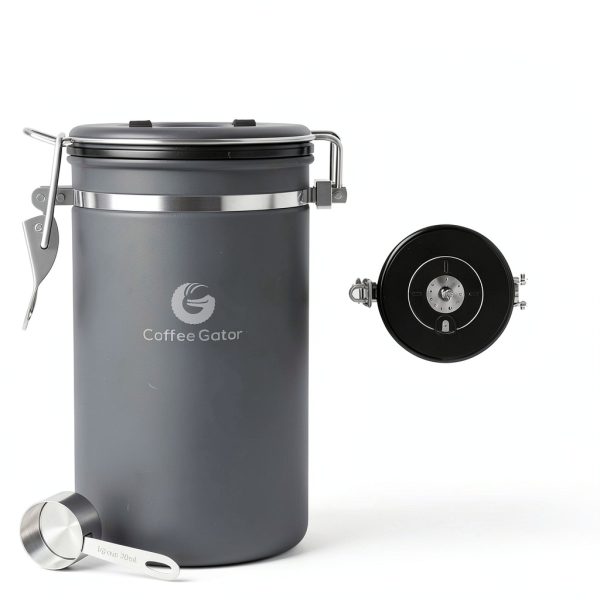 Coffee Gator Coffee Canister 22oz Gray Airtight Steel Date Tracker-1